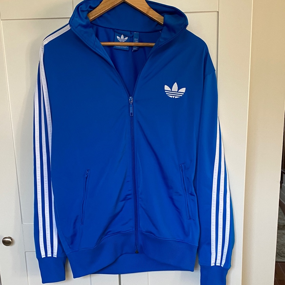 adidas Royal Blue Hooded Track Jacket with White Stripes